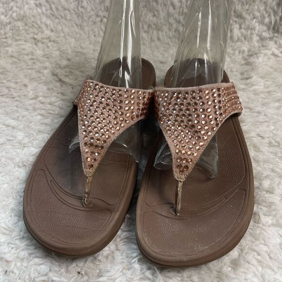 Fitflop Rose gold suede Rhinestones thong wedge sandals size 11 - Picture 1 of 9